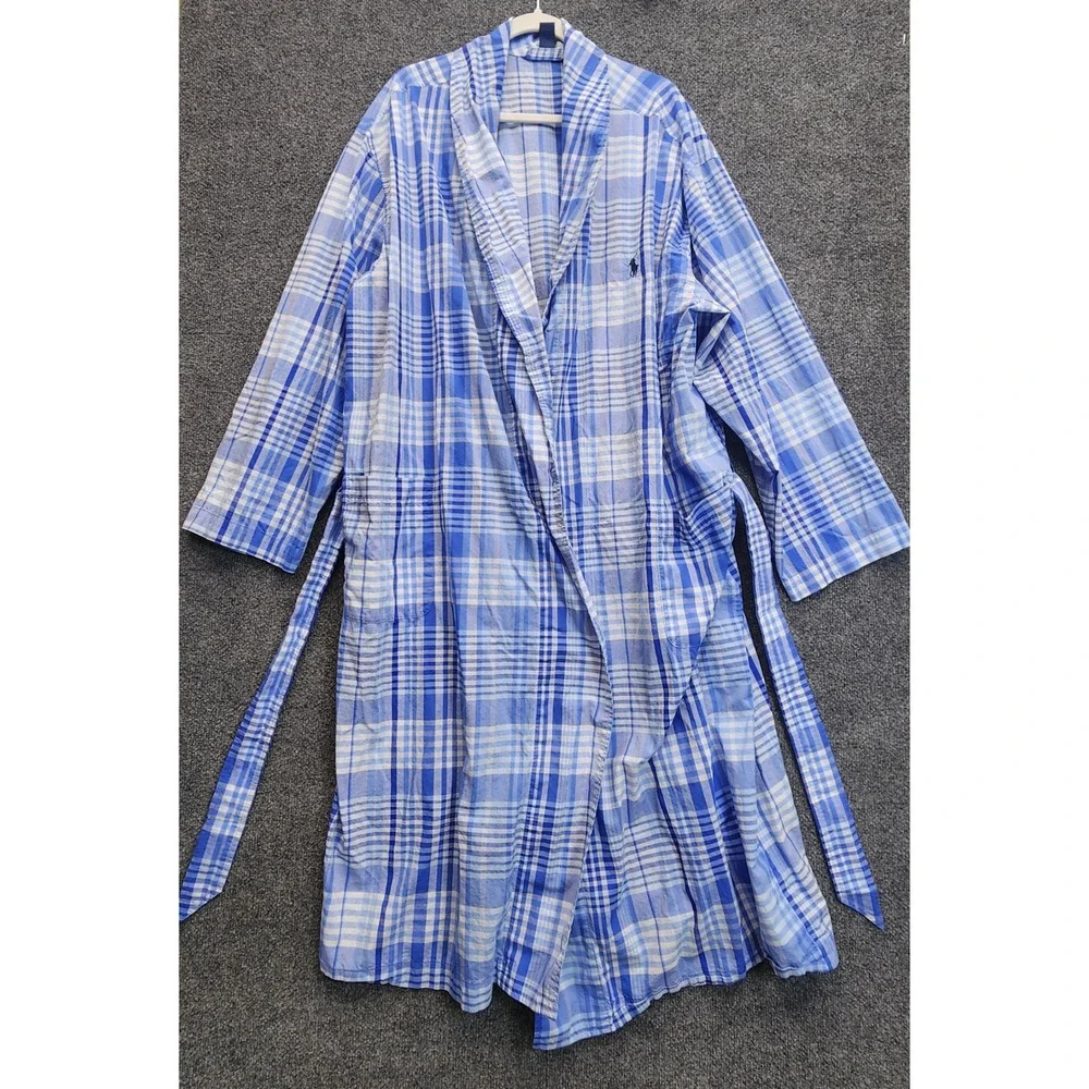 Polo Ralph Lauren Men's Blue Plaid Cotton Shawl Collar Bath Robe L/XL Sleepwear